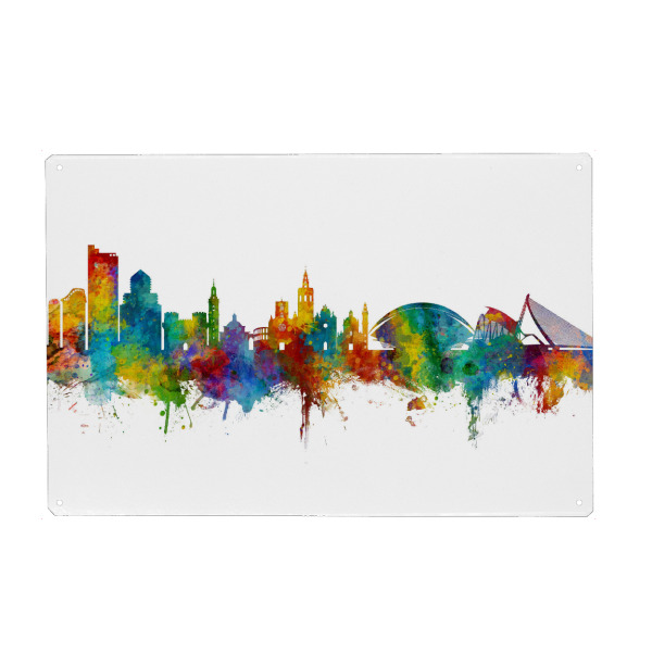 Metall Poster "Valencia Spain Skyline" artboxONE - Städte - Valencia,Spain,Skyline,Cityscape,Painting,Watercolour,Stadtbild - Blechschild