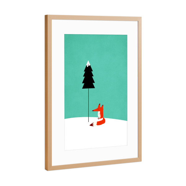 Poster mit Rahmen Kupfer "Sweet Fox In The Snow" artboxONE - Für Kinder,Tiere - Fuchs,Winter,Süss,Kindermotiv,Schnee,Tannenbaum