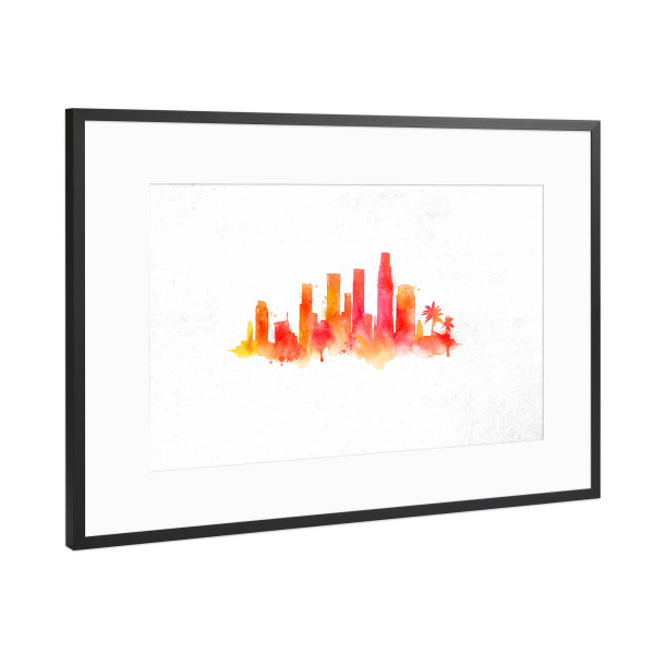 Poster mit Rahmen Schwarz (Metallic) "Silhouette Los Angeles watercolor" artboxONE - Städte / Los Angeles