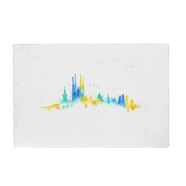 Holzbild "Silhouette Barcelona watercolor" artboxONE - Städte / Barcelona