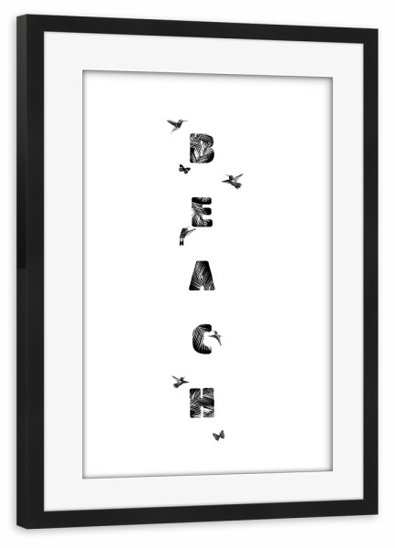 Poster mit Rahmen schwarz "BEACH LIFE, BIRDS" artboxONE - Typografie,Schwarzweiß