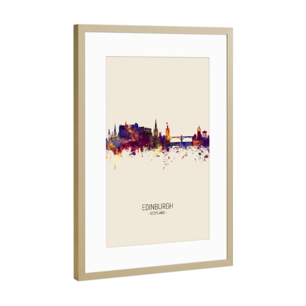 Poster mit Rahmen Gold "Edinburgh Scotland Skyline Beige" artboxONE - Städte - Edinburgh,Scotland,Skyline,Cityscape,Painting,Watercolour,Stadtbild