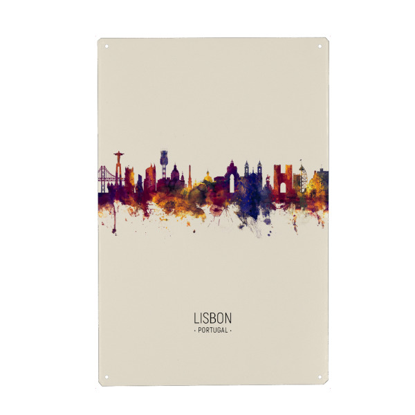 Holzbild "Lisbon Portugal Skyline Beige" artboxONE - Städte - Lisbon,Portugal,Skyline,Cityscape,Painting,Watercolour,Stadtbild