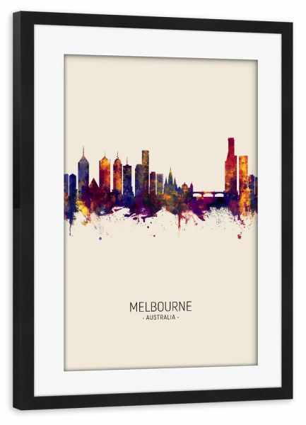 Poster mit Rahmen schwarz "Melbourne Skyline Beige" artboxONE - Städte - Melbourne,Australia,Skyline,Cityscape,Painting,Watercolour,Stadtbild