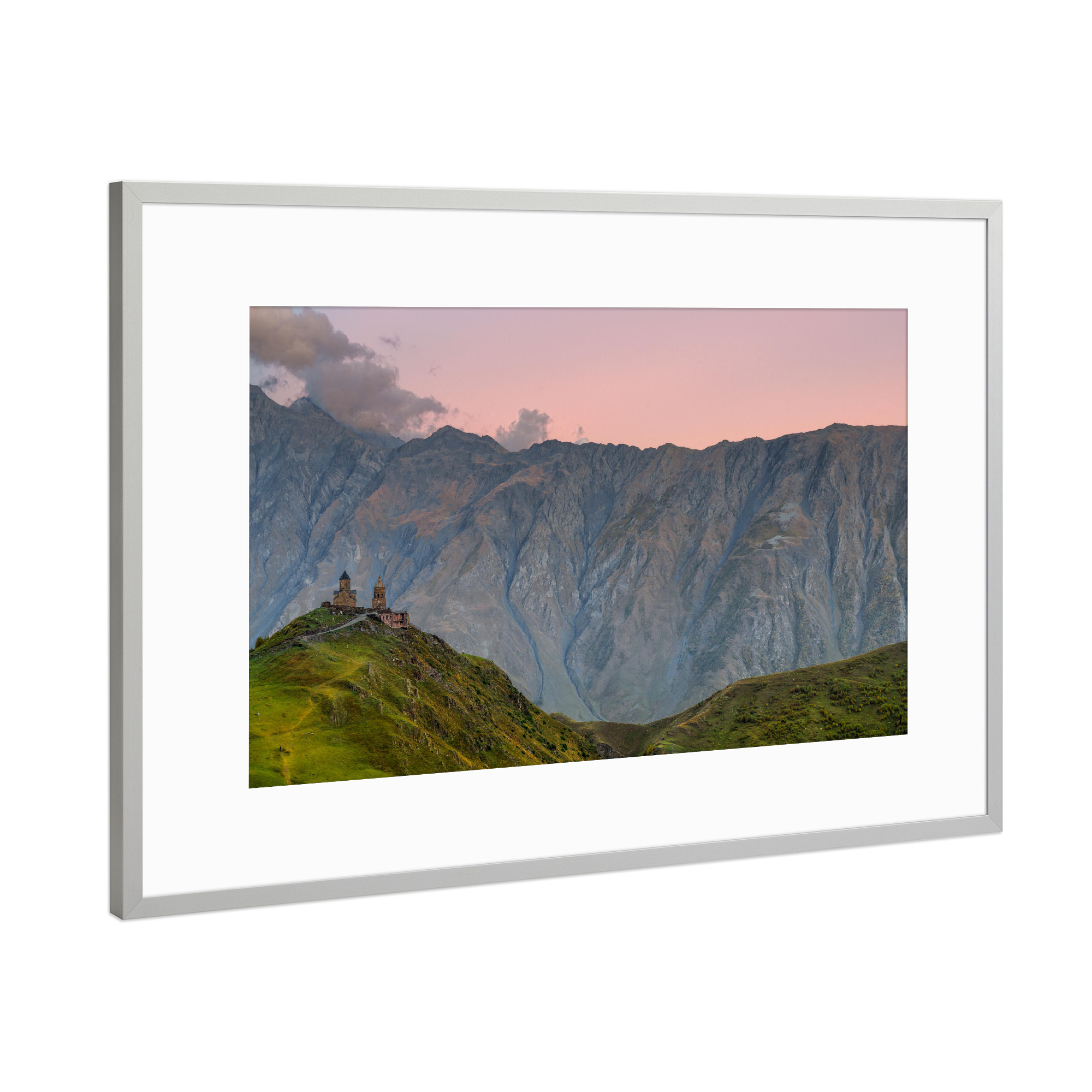 Poster mit Rahmen Silber "Holy Georgian Light" artboxONE - Natur,Reise - Georgien,Kazbek,Berge,Sonnenuntergang,Kirche,Natur,Outdoor