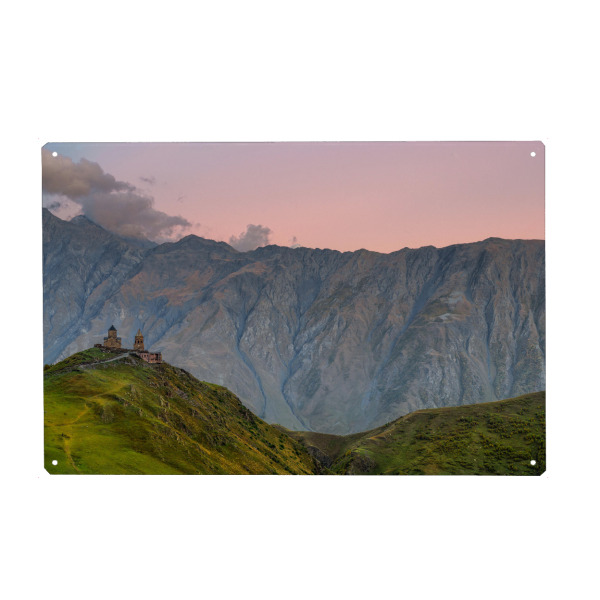 Holzbild "Holy Georgian Light" artboxONE - Natur,Reise - Georgien,Kazbek,Berge,Sonnenuntergang,Kirche,Natur,Outdoor