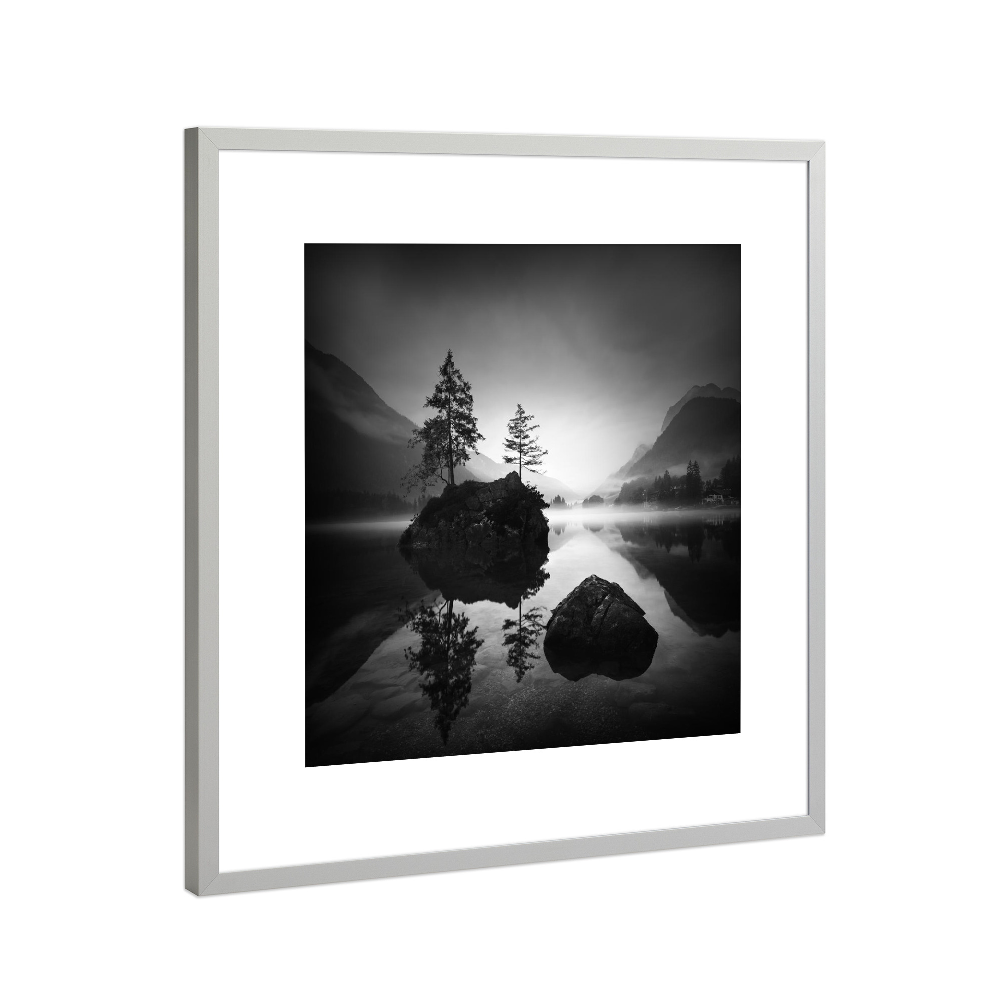 Poster mit Rahmen Silber "Hintersee Bauminsel" artboxONE - Städte,Natur,Schwarzweiß
