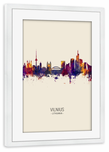 Poster mit Rahmen weiß "Vilnius Lithuania Skyline Beige" artboxONE - Städte - Vilnius,Lithuania,Skyline,Cityscape,Painting,Watercolour,Stadtbild