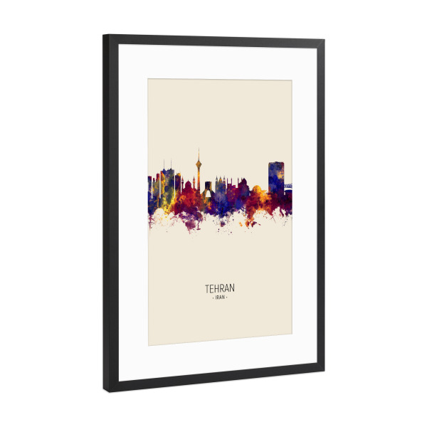 Poster mit Rahmen Schwarz (Metallic) "Tehran Iran Skyline Beige" artboxONE - Städte - Tehran,Iran,Skyline,Cityscape,Painting,Watercolour,Stadtbild