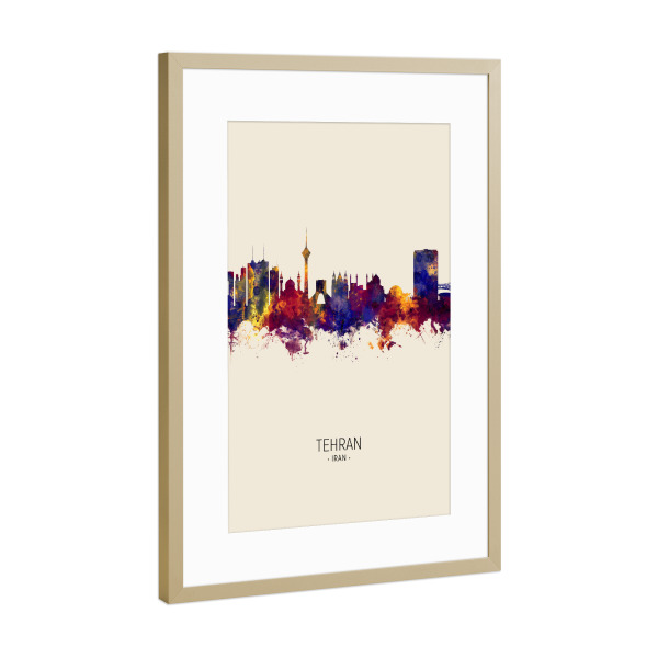Poster mit Rahmen Gold "Tehran Iran Skyline Beige" artboxONE - Städte - Tehran,Iran,Skyline,Cityscape,Painting,Watercolour,Stadtbild