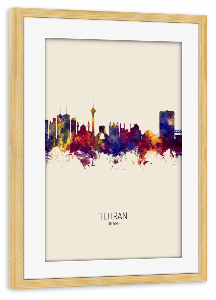 Poster mit Rahmen kiefer "Tehran Iran Skyline Beige" artboxONE - Städte - Tehran,Iran,Skyline,Cityscape,Painting,Watercolour,Stadtbild