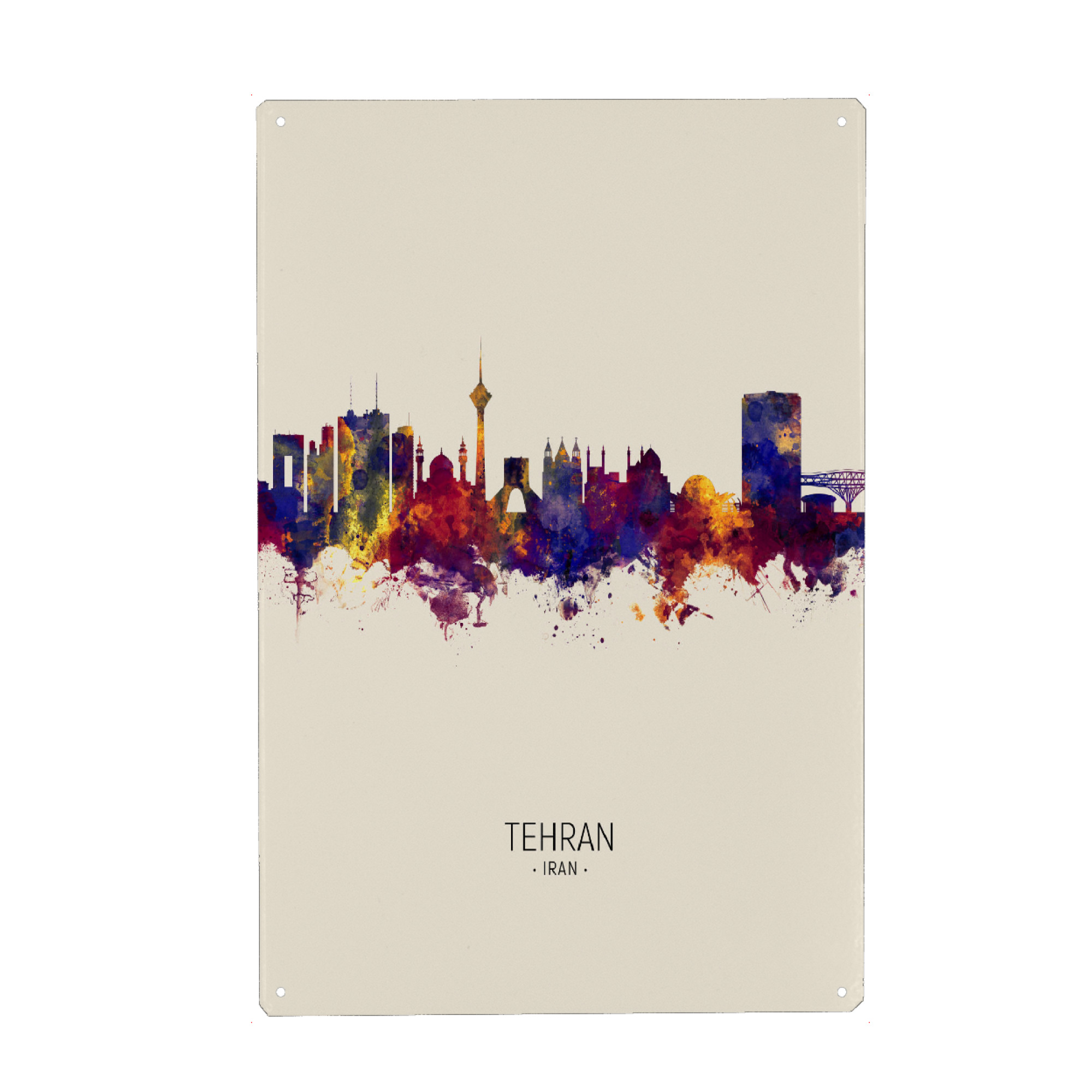 Metall Poster "Tehran Iran Skyline Beige" artboxONE - Städte - Tehran,Iran,Skyline,Cityscape,Painting,Watercolour,Stadtbild - Blechschild