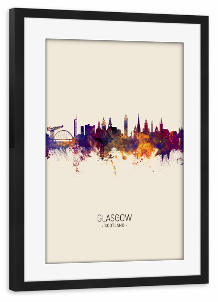 Poster mit Rahmen schwarz "Glasgow Scotland Skyline Beige" artboxONE - Städte - Glasgow,Scotland,Skyline,Cityscape,Painting,Watercolour,Stadtbild