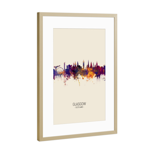 Poster mit Rahmen Gold "Glasgow Scotland Skyline Beige" artboxONE - Städte - Glasgow,Scotland,Skyline,Cityscape,Painting,Watercolour,Stadtbild