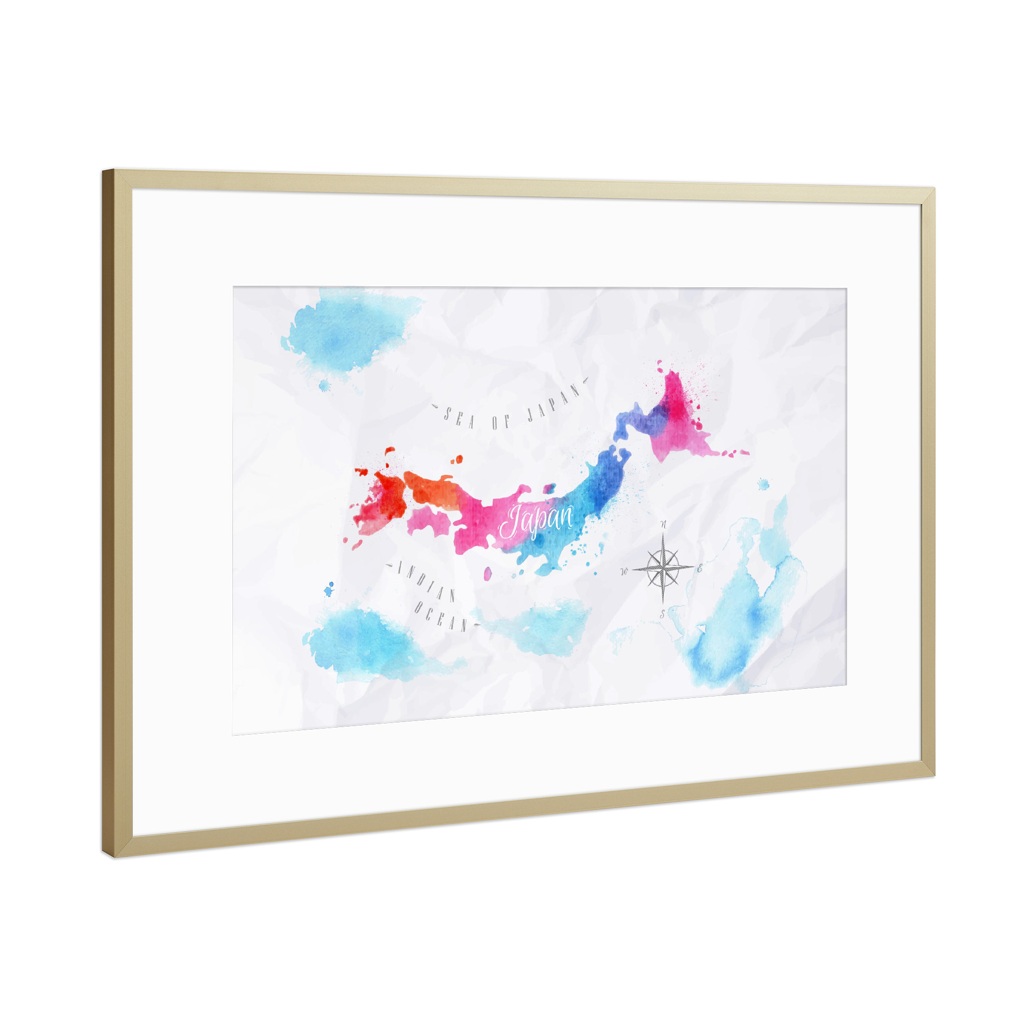 Poster mit Rahmen Gold "Watercolor map Japan pink blue" artboxONE - Kartografie - Map,Watercolor,Paint,Illustration,Colorful,Vintage,Island,Japan