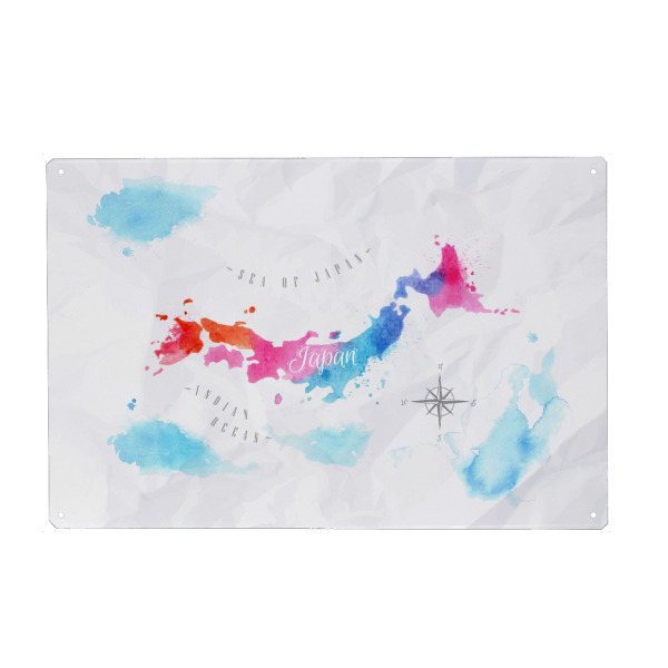 Holzbild "Watercolor map Japan pink blue" artboxONE - Kartografie - Map,Watercolor,Paint,Illustration,Colorful,Vintage,Island,Japan