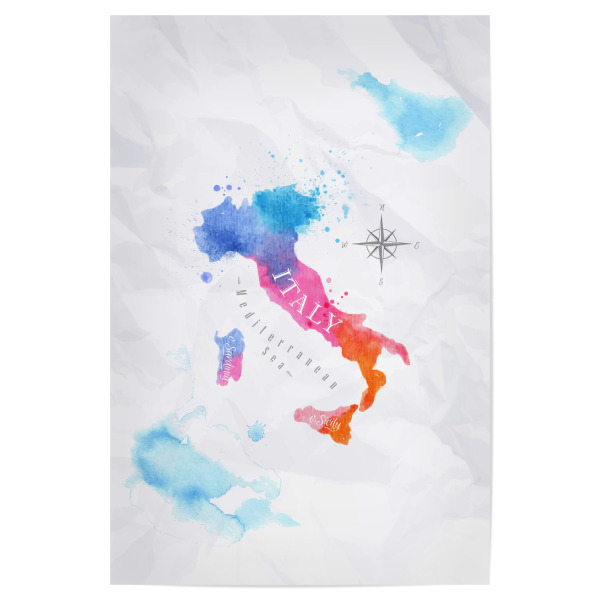 Poster "Watercolor Map Italy pink & blue" artboxONE - Kartografie - Map,World,Watercolor,Paint,Illustration,Colorful,Vintage,Italy,Sicily