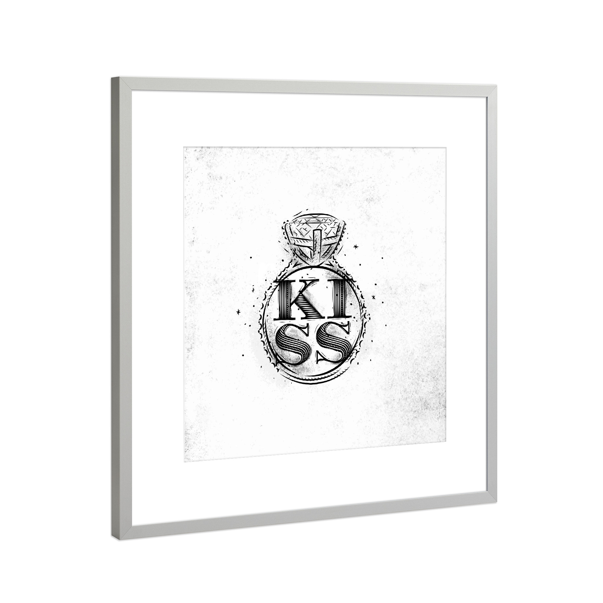 Poster mit Rahmen Silber "Ring kiss vintage" artboxONE - Liebe - Love,Ring,Graphic,Silhouette,Couple,Illustration,Retro,Vintage,Lettering,Label