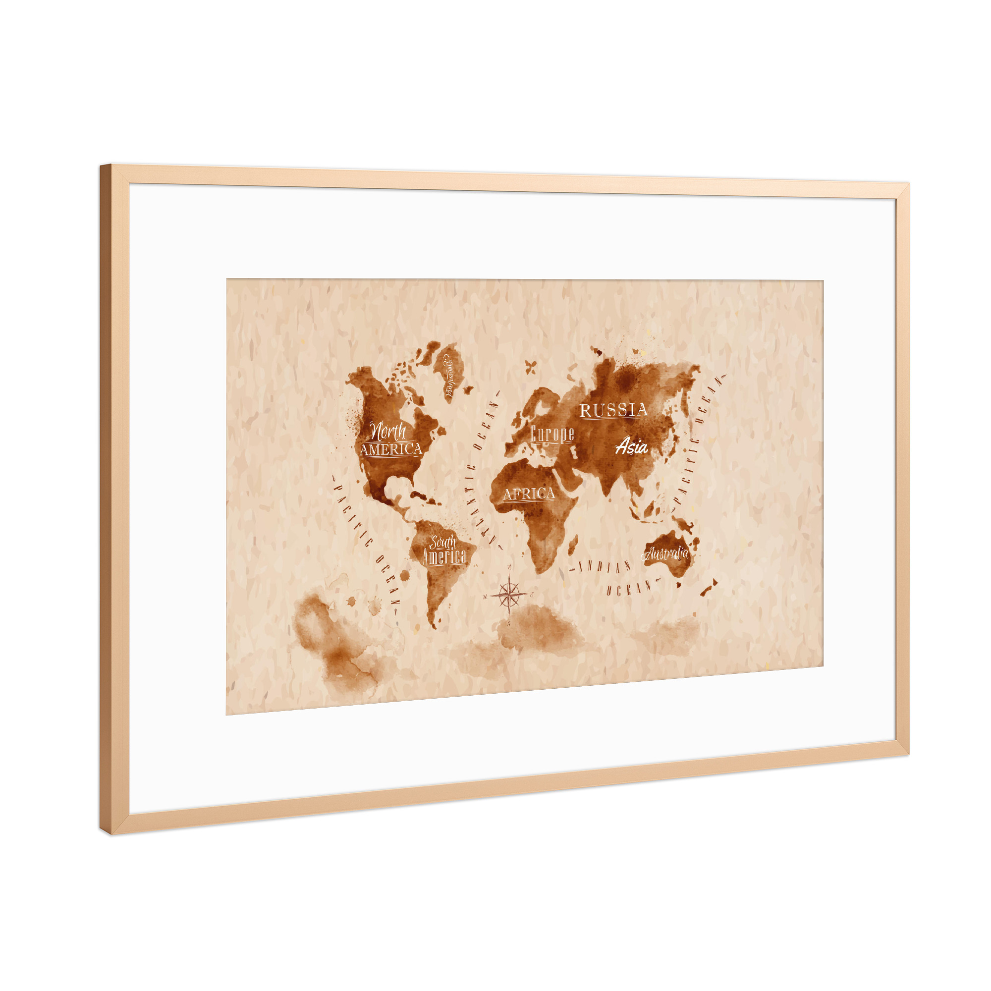 Poster mit Rahmen Kupfer "World map retro brown" artboxONE - Kartografie