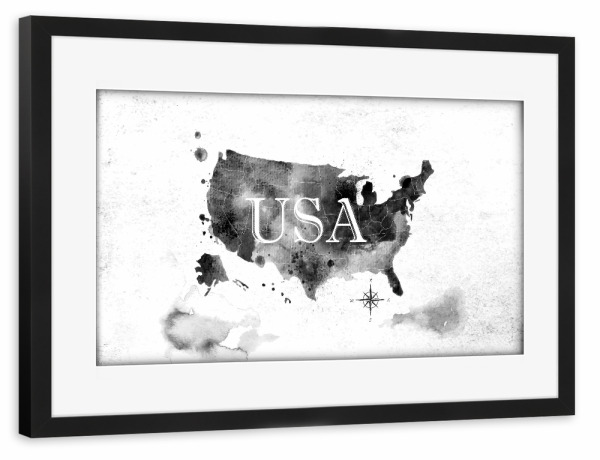 Poster mit Rahmen schwarz "Ink United States map" artboxONE - Kartografie - Map,Watercolor,Paint,Art,Graphic,Vintage,Retro,America,United,States,Usa