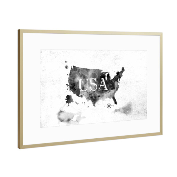 Poster mit Rahmen Gold "Ink United States map" artboxONE - Kartografie - Map,Watercolor,Paint,Art,Graphic,Vintage,Retro,America,United,States,Usa