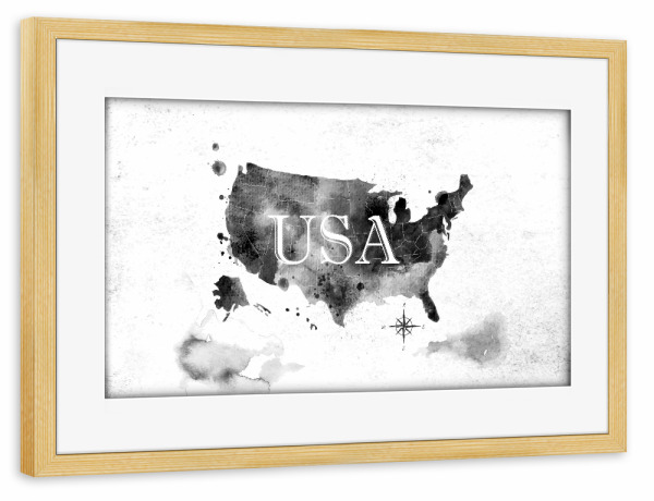 Poster mit Rahmen kiefer "Ink United States map" artboxONE - Kartografie - Map,Watercolor,Paint,Art,Graphic,Vintage,Retro,America,United,States,Usa