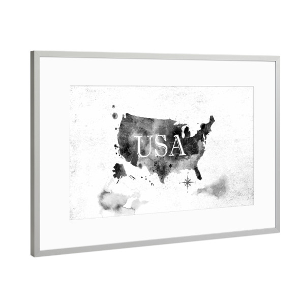 Poster mit Rahmen Silber "Ink United States map" artboxONE - Kartografie - Map,Watercolor,Paint,Art,Graphic,Vintage,Retro,America,United,States,Usa