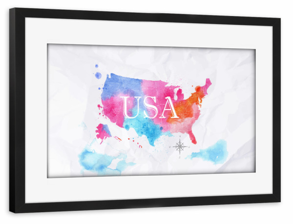 Poster mit Rahmen schwarz "Watercolor map United States color" artboxONE - Kartografie