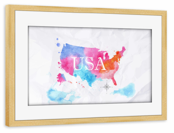 Poster mit Rahmen kiefer "Watercolor map United States color" artboxONE - Kartografie