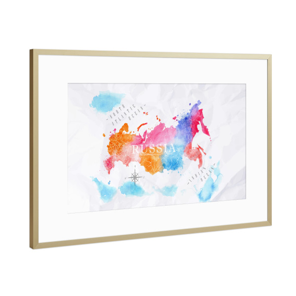 Poster mit Rahmen Gold "Watercolor map Russia pink blue" artboxONE - Kartografie - Map,Watercolor,Paint,Art,Design,Colorful,Vintage,Island,Russia
