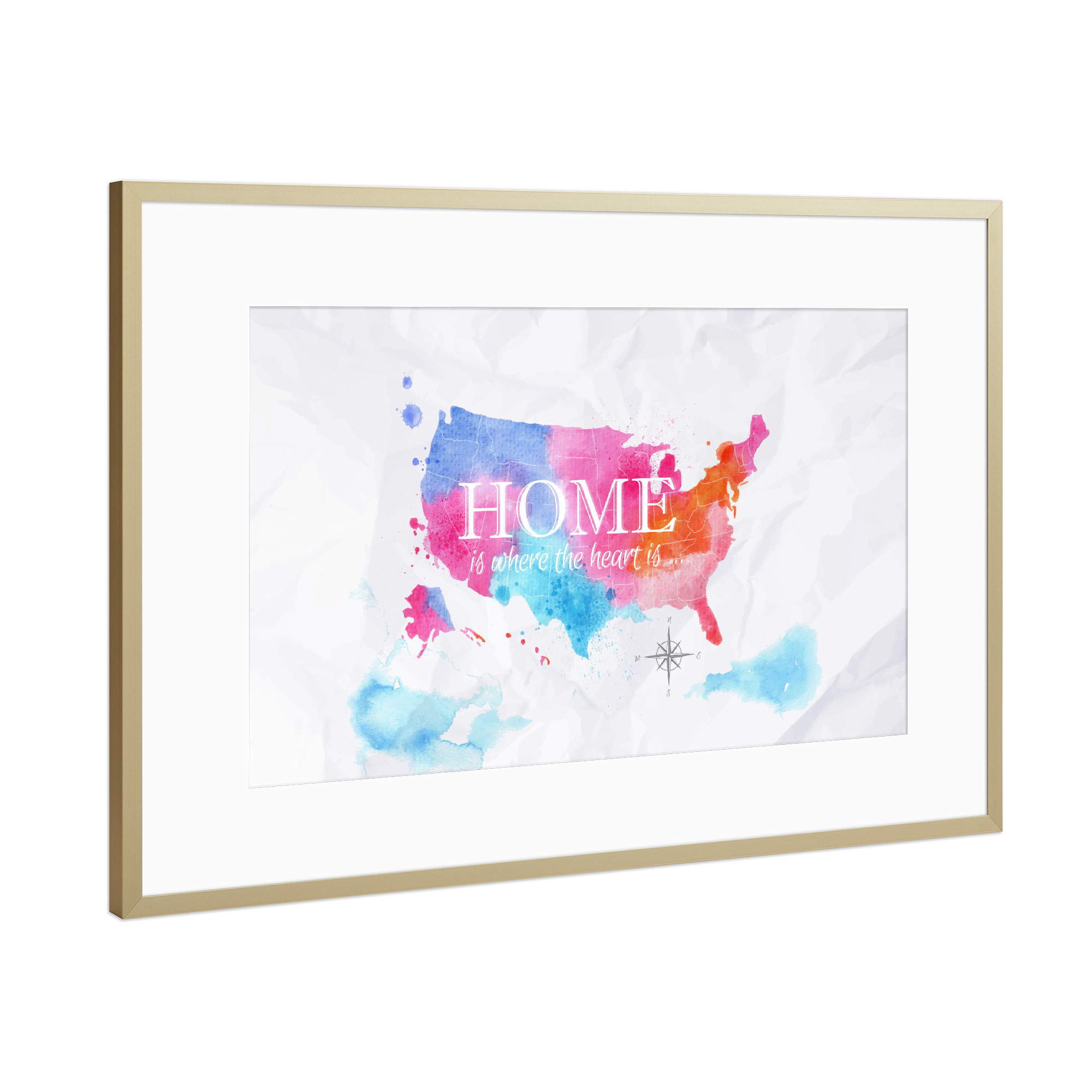 Poster mit Rahmen Gold "Watercolor map United States home" artboxONE - Kartografie