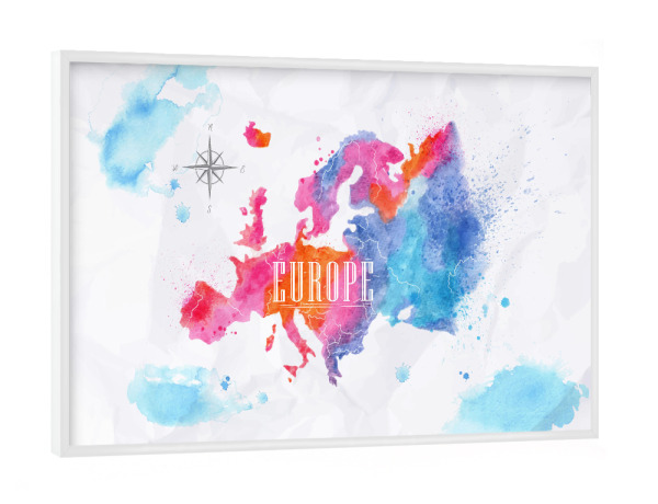 Poster mit weißem Rahmen "Watercolor Europe map pink blue" artboxONE - Kartografie - Map,Watercolor,Paint,Worldmap,Welt,Europe