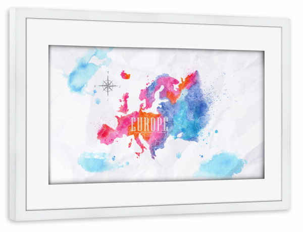 Poster mit Rahmen weiß "Watercolor Europe map pink blue" artboxONE - Kartografie - Map,Watercolor,Paint,Worldmap,Welt,Europe