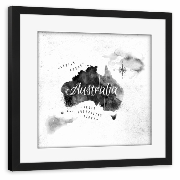 Poster mit Rahmen schwarz "Ink Australia map" artboxONE - Schwarzweiß,Kartografie