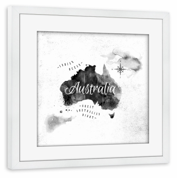 Poster mit Rahmen weiß "Ink Australia map" artboxONE - Schwarzweiß,Kartografie