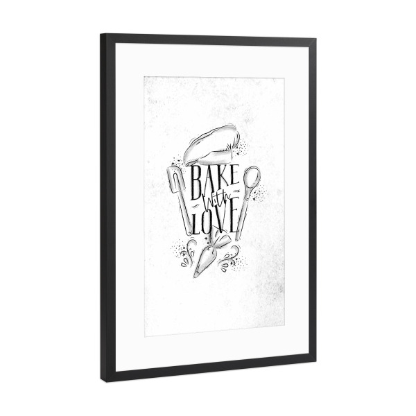 Poster mit Rahmen Schwarz (Metallic) "Bake with love" artboxONE - Essen & Trinken,Schwarzweiß