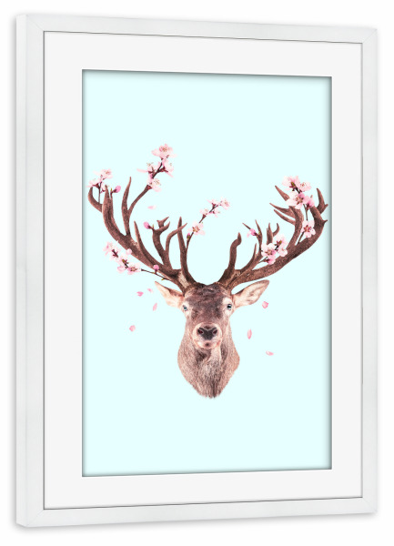 Poster mit Rahmen weiß "DEER OF SPRING" artboxONE - Tiere,Fiktion - Deer,Abstract,Contemporary art,Modern art,Animal,Flowers,Cherry blossom