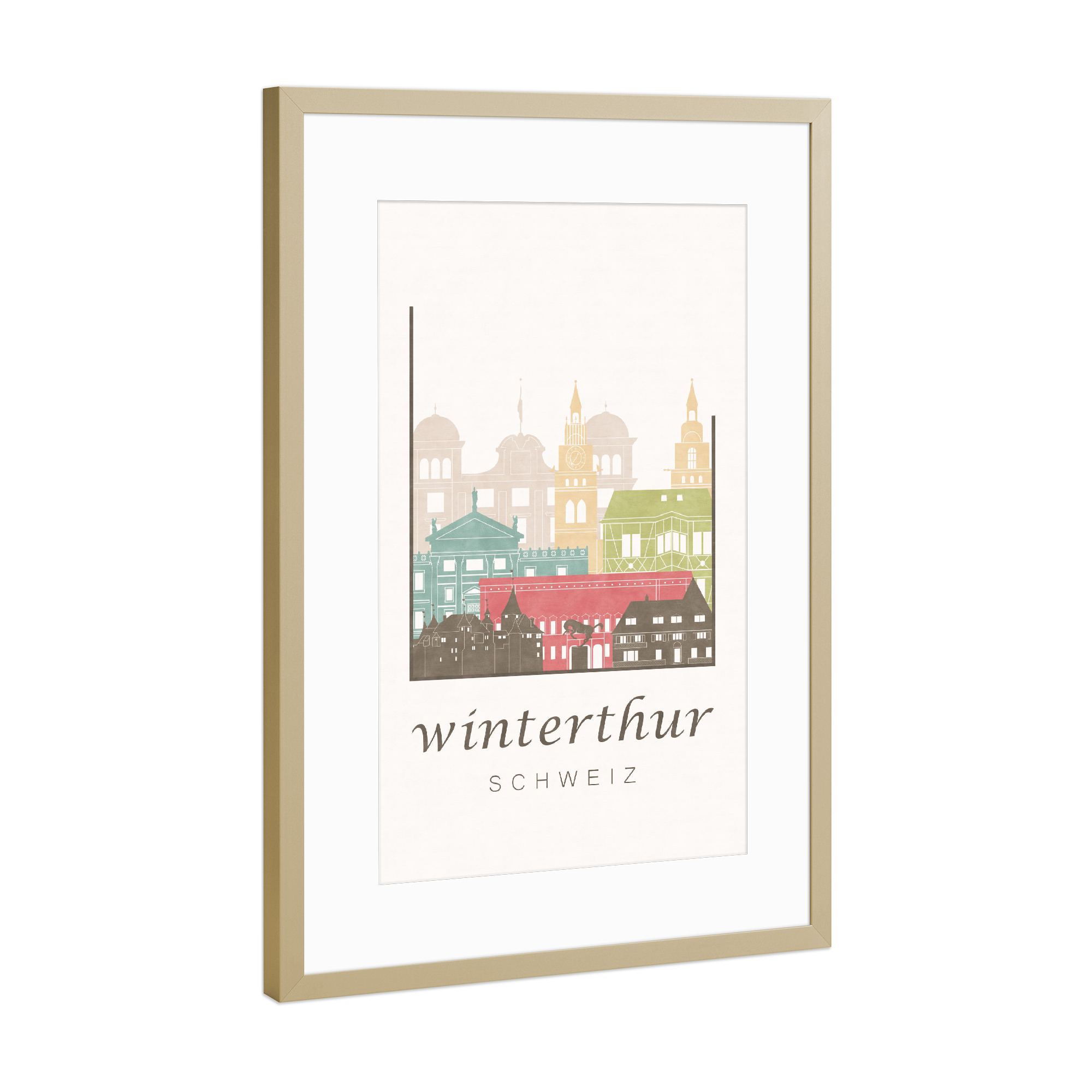 Poster mit Rahmen Gold "Winterthur skyline, pastel" artboxONE - Städte - Winterthur,Schweiz,Switzerland,Skyline,Cityscape,Travel
