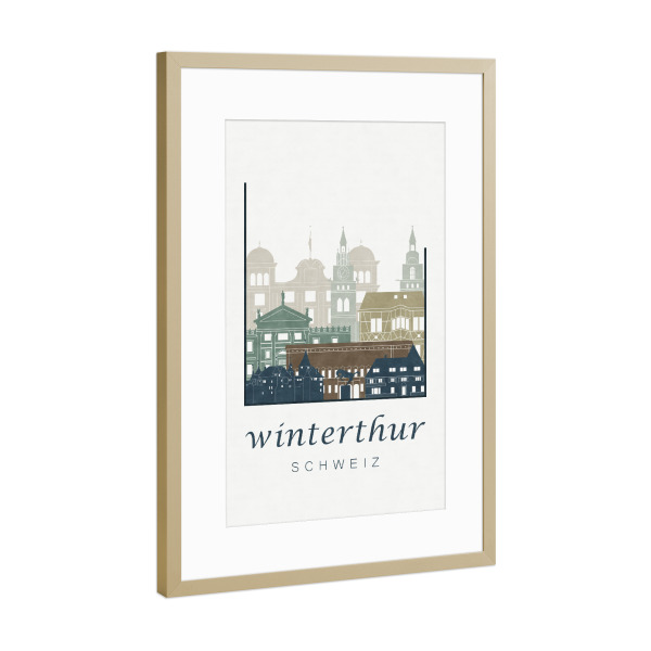 Poster mit Rahmen Gold "Winterthur skyline, light blue" artboxONE - Städte - Winterthur,Schweiz,Switzerland,Skyline,Cityscape,Travel