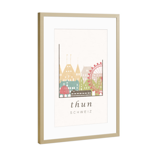 Poster mit Rahmen Gold "Thun skyline, pastel" artboxONE - Städte - Thun,Switzerland,Schweiz,Skyline