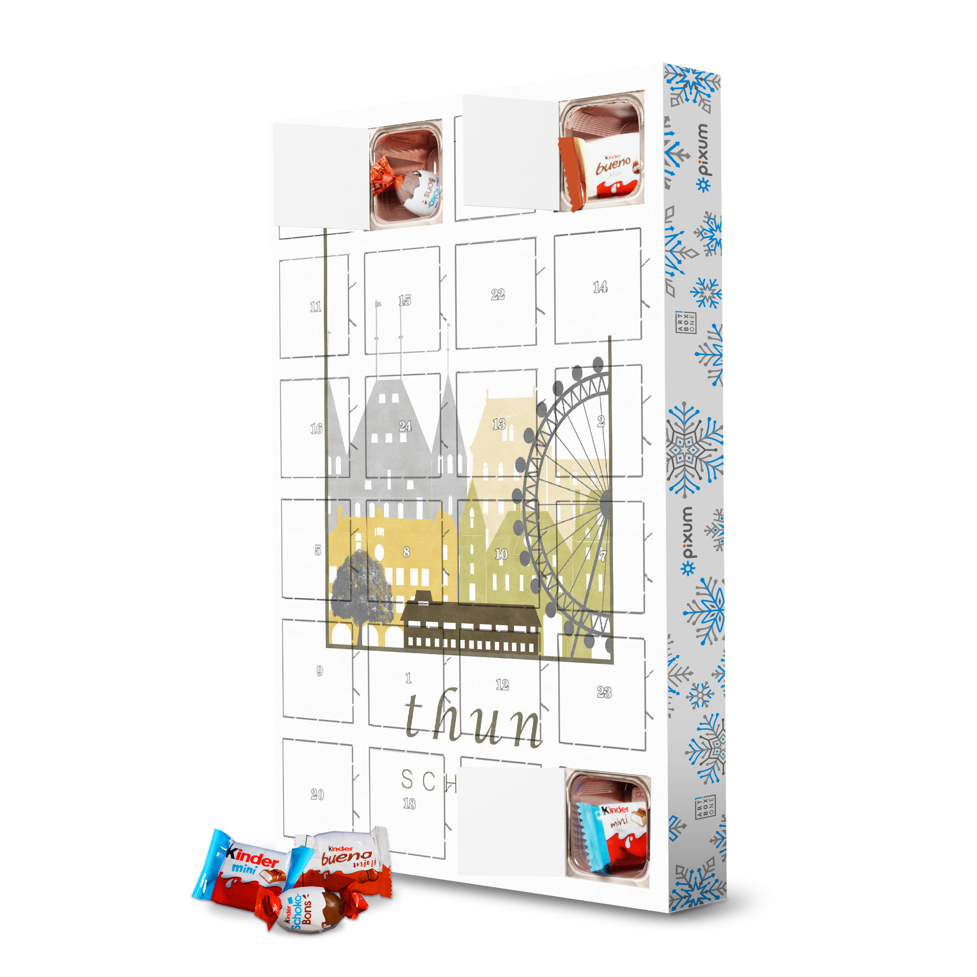 Adventskalender mit Produkten von Kinder Thun skyline, desert artboxONE Adventskalender Städte