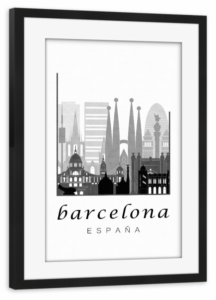 Poster mit Rahmen schwarz "Barcelona skyline, black & white" artboxONE - Schwarzweiß,Städte / Barcelona,Kartografie