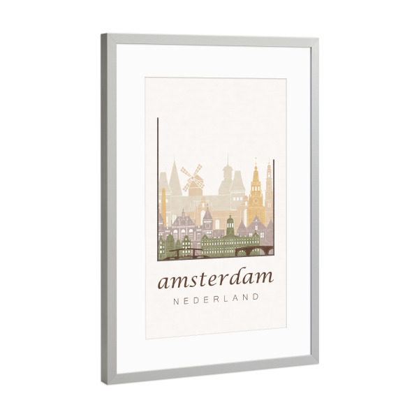 Poster mit Rahmen Silber "Amsterdam rustic skyline" artboxONE - Städte / Amsterdam,Kartografie