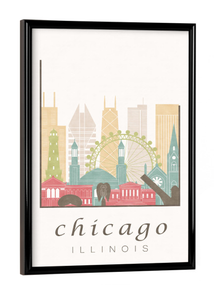 Poster mit schwarzem Rahmen "Chicago pastel skyline" artboxONE - Städte / Chicago,Kartografie