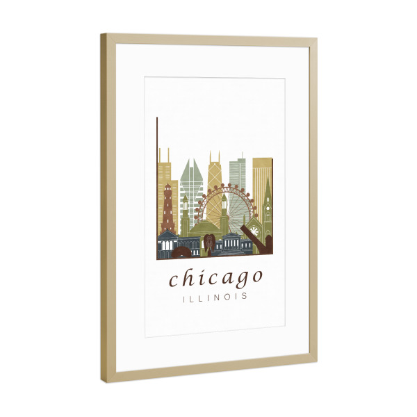 Poster mit Rahmen Gold "Chicago skyline, light brown" artboxONE - Städte / Chicago,Kartografie