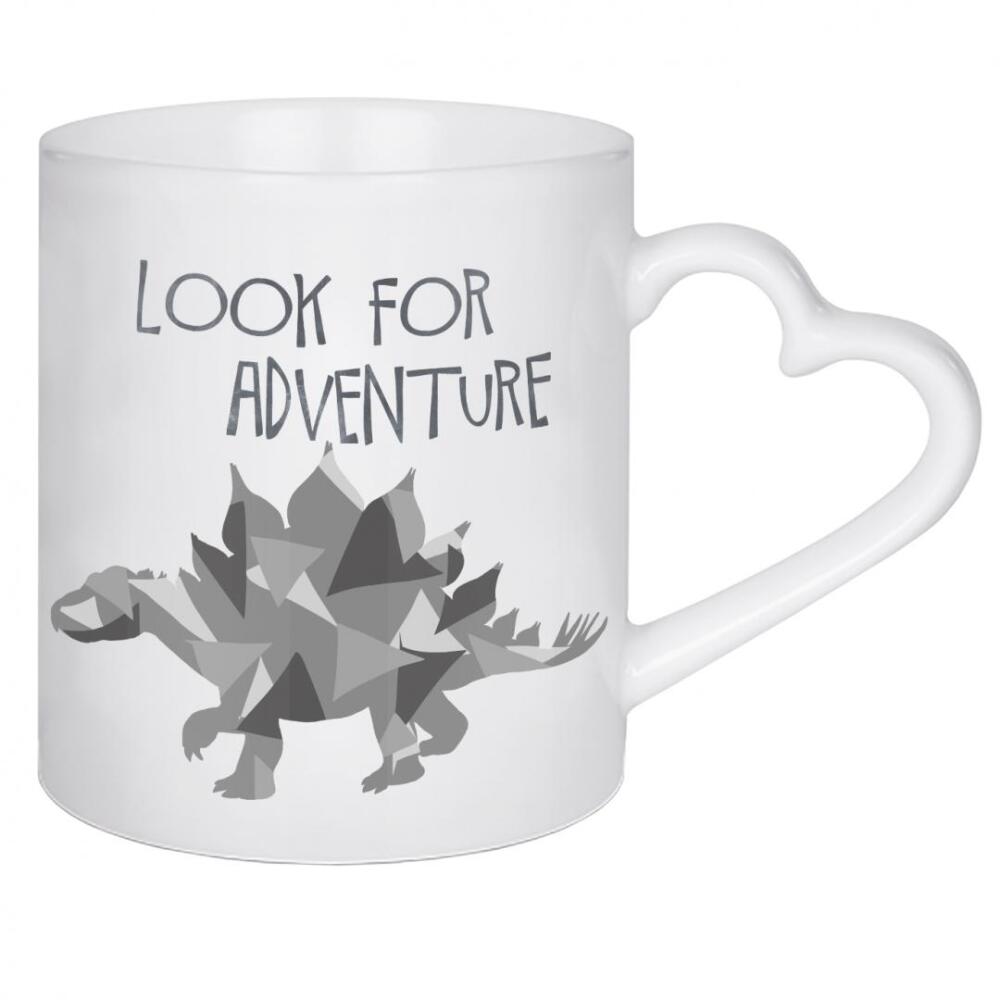 Herztasse "Suchen Sie nach Abenteuer" artboxONE - Typografie,Für Kinder,Tiere - Stegosaurus,Dino,Dinosaurier,Abenteuer