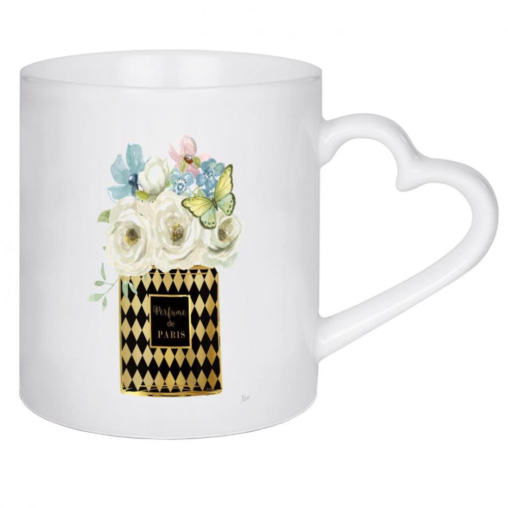 Herztasse "Harlekin-Blumenparfüm" artboxONE - Floral,Tiere,Fashion - Blumen,Schmetterling,Parfüm,Floral