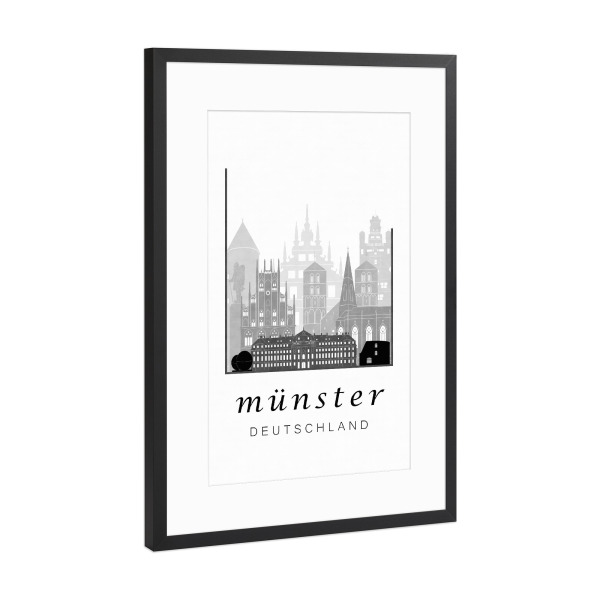 Poster mit Rahmen Schwarz (Metallic) "Münster skyline, black & white" artboxONE - Städte,Schwarzweiß,Kartografie