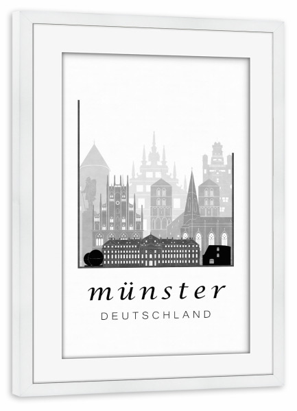 Poster mit Rahmen weiß "Münster skyline, black & white" artboxONE - Städte,Schwarzweiß,Kartografie