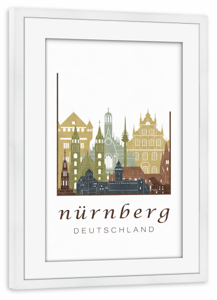 Poster mit Rahmen weiß "Nuremberg skyline, light brown" artboxONE - Städte,Kartografie